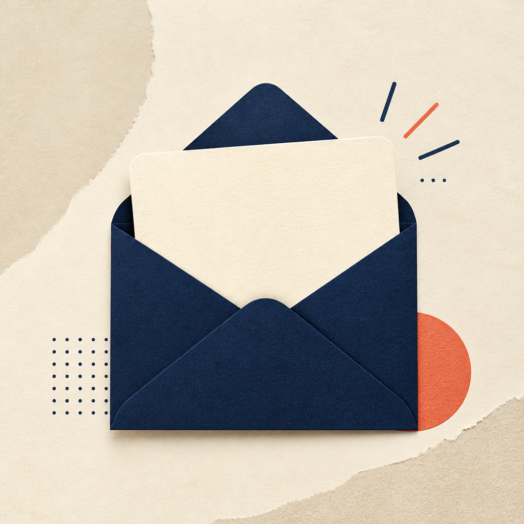 Textured editorial illustration of an unbranded gift card tucked into a dark blue envelope, with small coral and blue accents